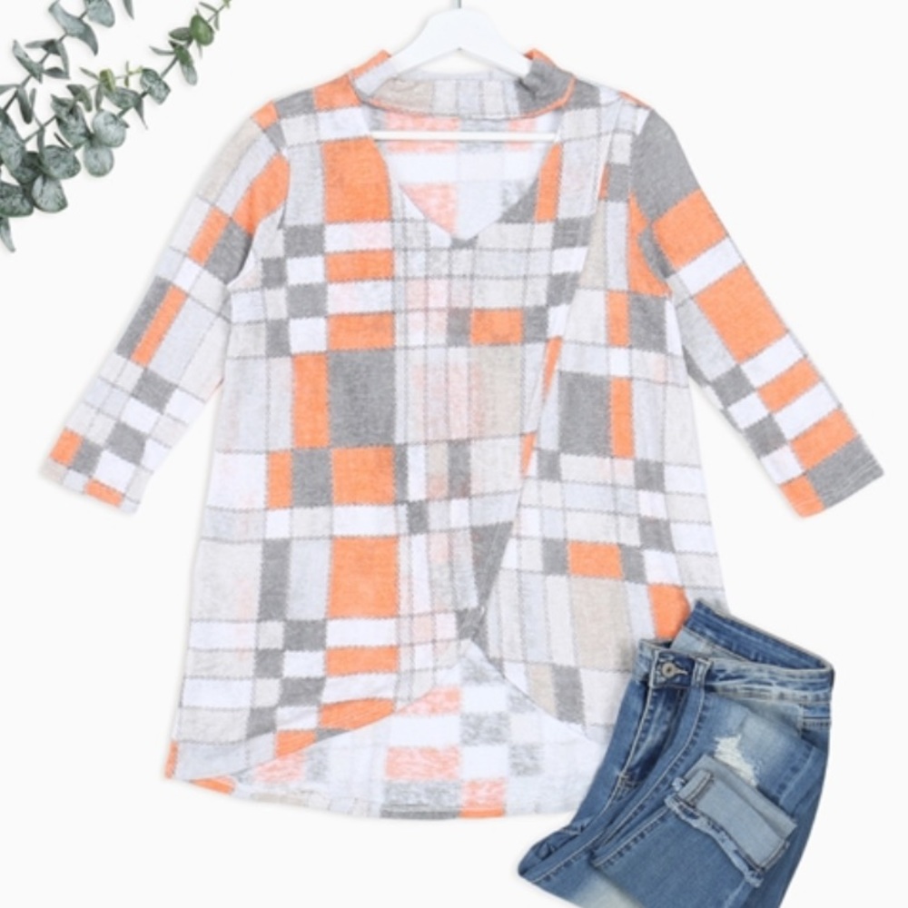 GRAY ORANGE TARTAN geo PRINT Mock KEYHOLE NECKLINE 3/4 SLEEVES tunic TOP, NEW!